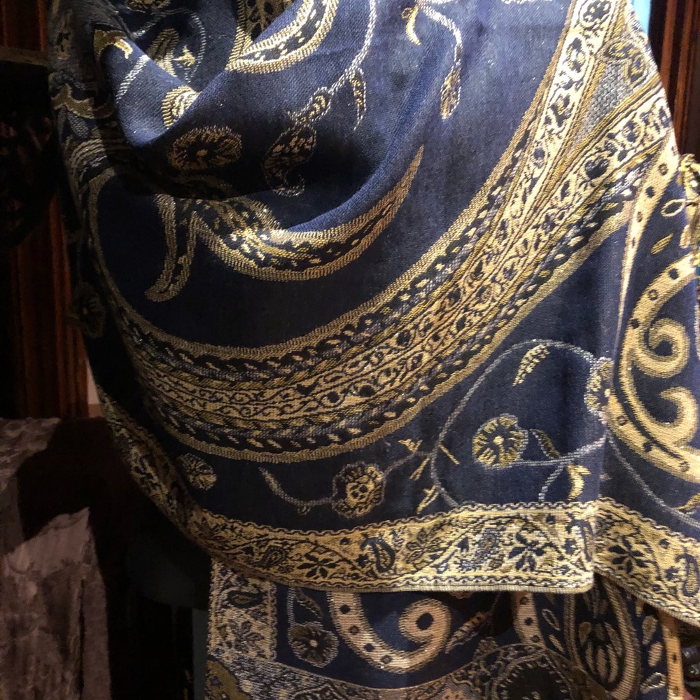 Navy Blue Metallic Paisley Pashmina Shawl